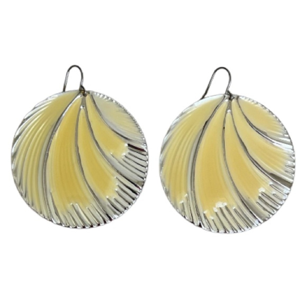 Sunshine Yellow Embossed Round Dangly Wire Circle Hoop Pierced Earrings Folklore
